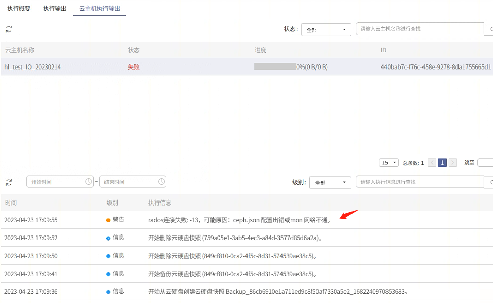 AnyBackup-OpenStack 备份出现报错信息：rados 连接失败：-13，可能原因：ceph.json 配置出错或 mon 网络不通。